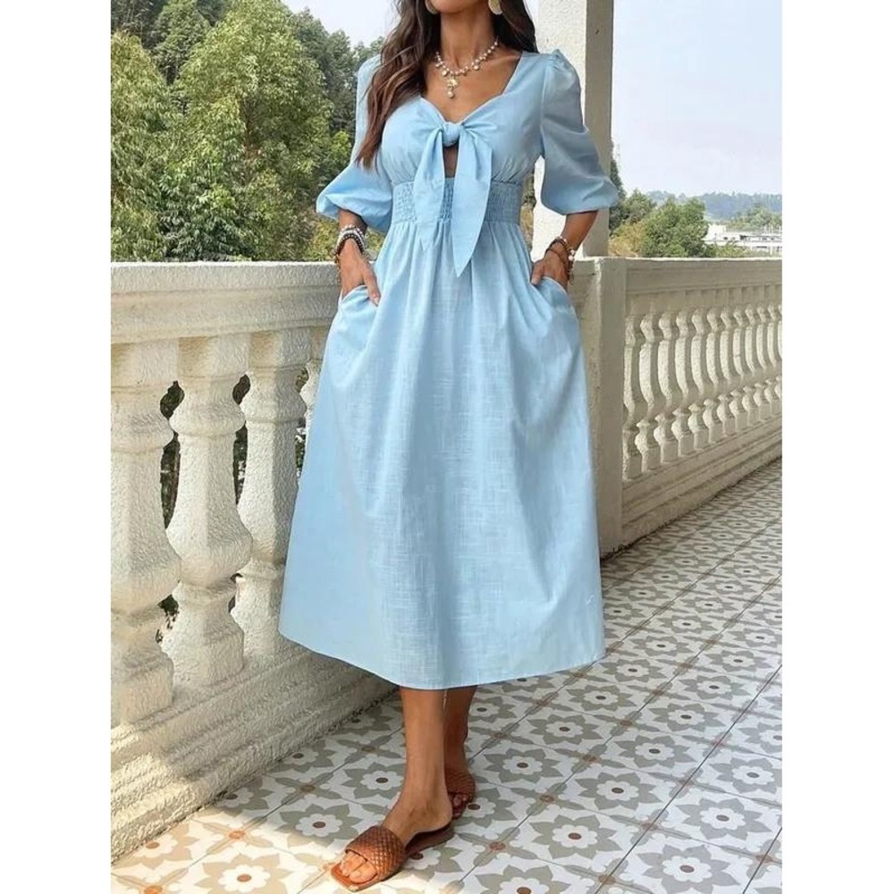 Commense Light Blue Tie Front‎ Puff Sleeve Smocked Midi Dress Small NWT
